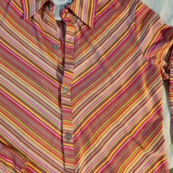 Vintage Calvin Klein top. Size M, deep pink, yellow and lime green stripe. - Picture 4 of 6